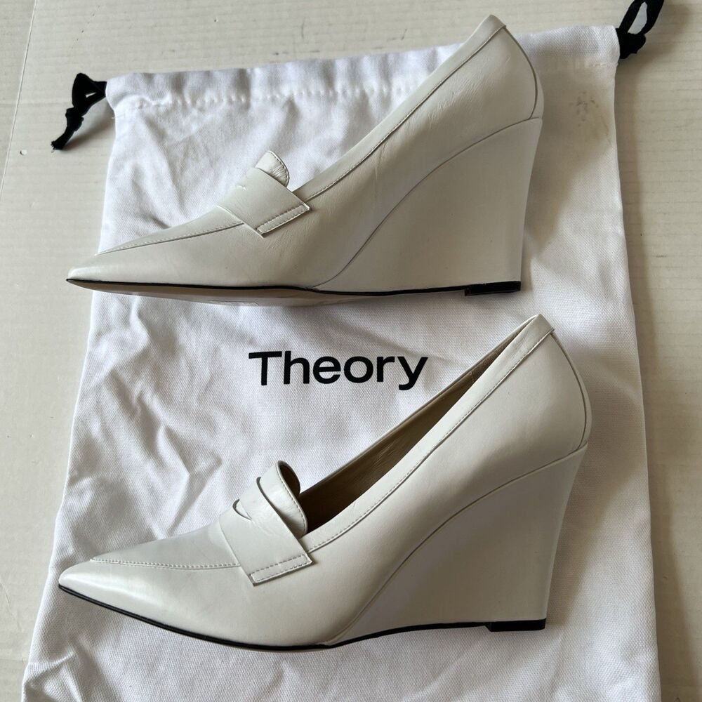 Theory Leather Wedge Sandals Pointed Cap Toe White 41 /9.5-10 Italy NWOB - Picture 8 of 8